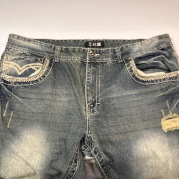 Y2K S2 Mens Wear Patch Embroidery Baggy Jeans  Hip Hop Vintage Blue Jeans 50x31 - Picture 8 of 14